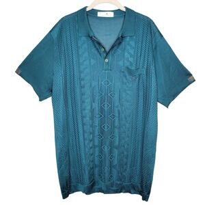 Vintage Montagut Paris Mens Teal Knit Geometric Polo Shirt Size XL Quiet Luxury